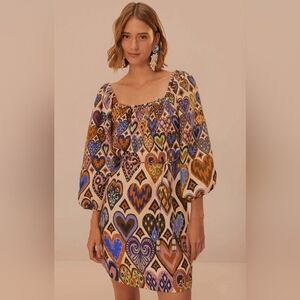 Cream Hearts Ikat Square Neckline Mini Dress, by Farm Rio